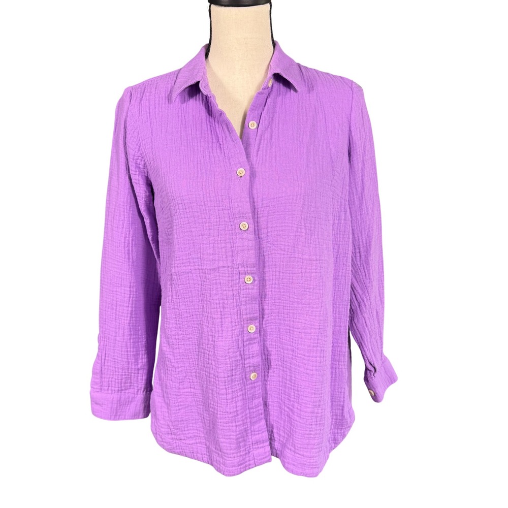 J. Jill Purple Cotton Double Gauze Button Down Shirt Petite XS Long Sleeve Top